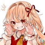  1girl artist_name ascot bangs blonde_hair claw_pose dated fingernails flandre_scarlet gotoh510 grin hair_ribbon long_hair looking_at_viewer pointy_ears red_ribbon ribbon side_ponytail signature simple_background smile solo teeth touhou upper_body white_background wrist_cuffs 