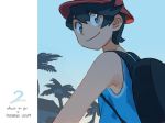  1boy backpack bag black_backpack black_hair blue_shirt blue_sky bucket_hat closed_mouth countdown elizabeth_(tomas21) grey_eyes hat looking_at_viewer looking_back male_focus number palm_tree pokemon pokemon_(game) pokemon_sm pokemon_ultra_sm shirt sky solo sunrise tank_top tree upper_body you_(pokemon_ultra_sm) 