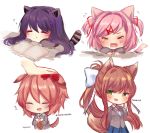  4girls :d absurdres animal_ears arm_up artist_name bangs blazer blue_eyes blue_skirt blush book bow breasts brown_hair cat_ears chibi closed_eyes closed_mouth collared_shirt commentary crying desk doki_doki_literature_club eyebrows_visible_through_hair finger_to_cheek finger_to_face flying_sweatdrops green_eyes grey_jacket hair_bow hair_ornament hairclip happy hashtag highres jacket long_hair long_sleeves looking_at_viewer medium_breasts monika_(doki_doki_literature_club) multiple_girls natsuki_(doki_doki_literature_club) neck_ribbon no_legs open_mouth parted_lips petting pink_eyes pink_hair pleated_skirt ponytail purple_hair red_bow red_neckwear red_ribbon ribbon sayori_(doki_doki_literature_club) school_desk school_uniform shirt short_hair sidelocks signature simple_background skirt sleeping smile tail tears temachii v_arms very_long_hair violet_eyes white_background white_bow white_shirt wing_collar yuri_(doki_doki_literature_club) zzz 