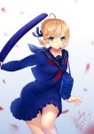  1girl 2017 ahoge alternate_costume artoria_pendragon_(all) braid cherry_blossoms dated french_braid green_eyes highres kneehighs petals saber school_uniform serafuku signature solo v-shaped_eyebrows yuanchuang 