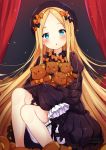  1girl :o abigail_williams_(fate/grand_order) bangs black_bow black_dress black_hat blonde_hair bloomers blue_eyes blush bow butterfly commentary_request dress eyebrows_visible_through_hair fate/grand_order fate_(series) hair_bow hands_in_sleeves hat head_tilt hey_xander highres long_sleeves looking_at_viewer object_hug orange_bow parted_bangs parted_lips polka_dot polka_dot_bow solo stuffed_animal stuffed_toy teddy_bear underwear white_bloomers 