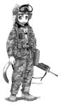  1girl animal_ears animal_ears_helmet assault_rifle boots bulletproof_vest camouflage camouflage_pants carabiner cat_ears cat_tail chin_strap combat_boots ebifly flak_jacket full_body goggles goggles_on_headwear greyscale gun helmet holding holding_gun holding_weapon jacket load_bearing_equipment load_bearing_vest long_sleeves looking_at_viewer m16 m81_woodland_(camo) military military_uniform monochrome original pants peq-box pouch radio rifle short_hair smile soldier solo standing tail twitter_username uniform us_army vest weapon 