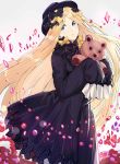  1girl abigail_williams_(fate/grand_order) bangs black_bow black_dress black_hat blonde_hair blue_eyes blush bow bubble butterfly closed_mouth commentary_request dress echj eyebrows_visible_through_hair fate/grand_order fate_(series) grey_background hair_bow hands_in_sleeves hat head_tilt holding holding_stuffed_animal long_hair long_sleeves looking_at_viewer orange_bow parted_bangs polka_dot polka_dot_bow solo stuffed_animal stuffed_toy teddy_bear very_long_hair 