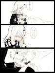  2girls abigail_williams_(fate/grand_order) bangs black_nails blush bow closed_eyes comic commentary fate/grand_order fate_(series) hair_bow highres horn lap_pillow lavinia_whateley_(fate/grand_order) long_hair looking_at_another monochrome multiple_girls nail_polish no_nose petting sleeping thought_bubble tomoti_satoshi translation_request white_background yuri 