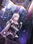  1girl armor bangs black_legwear blue_eyes blunt_bangs blush breasts cape cleavage commentary_request crown crying eyebrows_visible_through_hair feathers flag gauntlets highres holding holding_flag indoors long_hair lunacle multicolored_hair original skirt solo two-tone_hair 