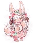  1girl animal_ears bangs barefoot ears_through_headwear eyebrows_visible_through_hair fang furry hat helmet highres made_in_abyss mi-eau nanachi_(made_in_abyss) no_humans open_mouth sidelocks silver_hair simple_background solo tail whiskers white_background yellow_eyes 