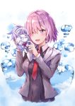  1girl :d black_dress blush dress fate/grand_order fate_(series) fou_(fate/grand_order) hair_over_one_eye highres jacket konka mash_kyrielight necktie one_eye_closed open_mouth purple_hair red_neckwear short_hair smile upper_body violet_eyes water water_drop 