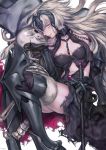  black_dress black_gloves chains dress fate/grand_order fate_(series) fur-trimmed_legwear fur_trim gloves greaves grey_hair headpiece highres jeanne_d&#039;arc_(alter)_(fate) jeanne_d&#039;arc_(fate)_(all) lips long_hair parted_lips rororogi_mogura sheath sheathed skeleton skull smile standard_bearer sword thigh-highs vambraces very_long_hair weapon yellow_eyes 