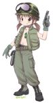  1girl :d belt blush boots brown_eyes brown_hair camouflage dog_tags ebifly fang flat_chest goggles green_footwear green_pants grin gun handgun helmet holding holding_gun holding_weapon jacket low_twintails military no_bra open_clothes open_jacket open_mouth original pants pistol sleeveless_jacket smile solo trigger_discipline twintails twitter_username weapon 