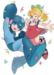  1boy 1girl ;) android arm_cannon blonde_hair blue_eyes bow clenched_hand confetti dress fist_pump flat_chest full_body green_bow hair_bow helmet highres long_hair m.k.o one_eye_closed red_dress rockman rockman_(character) rockman_(classic) roll sidelocks smile weapon 