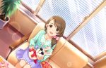  1girl artist_request brown_eyes brown_hair bunny_puppet earrings hair_ornament idolmaster idolmaster_cinderella_girls idolmaster_cinderella_girls_starlight_stage jewelry low_ponytail mochida_arisa necklace official_art puppet purple_skirt rabbit skirt smile solo source_request sunglasses 