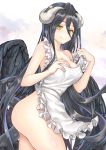 1girl albedo apron apron_pull black_hair black_wings blush breasts clara_v cleavage demon_girl demon_horns frilled_apron frills horns long_hair looking_at_viewer low_wings naked_apron overlord_(maruyama) simple_background smile solo very_long_hair wings yellow_eyes 