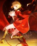  1girl ahoge armor armored_boots blonde_hair boots breasts cleavage eyebrows eyebrows_visible_through_hair fate/extra fate_(series) green_eyes hair_ribbon hand_over_heart highres large_breasts moemoe3345 nero_claudius_(fate) nero_claudius_(fate)_(all) red_ribbon revision ribbon short_hair smile solo white_legwear 