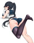  1girl ass bangs bare_shoulders barefoot bikini bikini_pull black_hair black_legwear blue_bikini_bottom blush breasts closed_eyes elbow_gloves eyebrows_visible_through_hair feet from_behind from_side gloves hair_between_eyes hair_tie highres kantai_collection leg_up long_hair looking_at_viewer lying medium_breasts no_shoes on_stomach own_hands_together ponytail red_eyes sailor_collar scrunchie shadow shiny shiny_skin shirt side-tie_bikini sidelocks simple_background single_thighhigh sleeveless sleeveless_shirt smile solo swimsuit thigh-highs trefoil very_long_hair white_background white_gloves white_shirt yahagi_(kantai_collection) z5987 