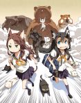  2girls animal_ears black_hair blue_eyes brown_hair cat cat_ears cat_tail green_eyes hamster kimura_(ykimu) long_hair monster mouse multiple_girls original revision running school_uniform tail 