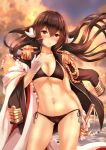  1girl aiguillette arm_at_side azur_lane bikini black_bikini black_jacket blurry blush breasts brown_hair cleavage closed_mouth clouds cloudy_sky contrapposto cowboy_shot depth_of_field epaulettes eyebrows_visible_through_hair floating_hair frown gloves hair_between_eyes highres horns jacket jacket_on_shoulders large_breasts long_hair long_sleeves looking_at_viewer mikasa_(azur_lane) military military_jacket military_uniform navel ocean open_clothes open_jacket outdoors pearl sheat sheath sheathed side-tie_bikini sky solo standing stomach swimsuit toenketsu uniform very_long_hair water white_gloves wind yellow_eyes 