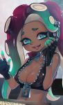  1girl breasts cephalopod_eyes crop_top cropped_vest dark_skin domino_mask green_legwear headphones highres iida_(splatoon) kashu_(hizake) large_breasts makeup mascara mask mole mole_under_mouth multicolored multicolored_skin navel_piercing octarian piercing pink_pupils splatoon splatoon_2 suction_cups tentacle_hair zipper zipper_pull_tab 