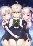  3girls ahoge black_gloves bow braid covered_navel cowboy_shot fate/grand_order fate_(series) fur_trim gloves green_ribbon hair_bow headpiece highres jack_the_ripper_(fate/apocrypha) jeanne_d&#039;arc_(fate)_(all) jeanne_d&#039;arc_alter_santa_lily long_hair looking_at_viewer multiple_girls nursery_rhyme_(fate/extra) one-piece_swimsuit open_mouth ribbon scar school_swimsuit short_hair silver_hair smile striped striped_ribbon sunsuke swimsuit twin_braids yellow_eyes 