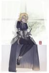  1girl armor armored_dress black_dress black_legwear blonde_hair braid breasts chains coca-cola dress fate/apocrypha fate_(series) full_body gauntlets head_tilt high_heels highres hoshimawa jeanne_d&#039;arc_(fate) jeanne_d&#039;arc_(fate)_(all) long_hair medium_breasts ponytail single_braid sitting solo sword thigh-highs very_long_hair violet_eyes weapon 