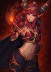  1girl alexstrasza breasts hand_on_hip heroes_of_the_storm horns lips long_hair looking_at_viewer midriff navel personification pointy_ears red_eyes redhead solo umigraphics warcraft world_of_warcraft 