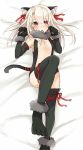  1girl animal_ears bell black_gloves black_legwear breasts cat_ears cat_tail dakimakura elbow_gloves fate/grand_order fate/kaleid_liner_prisma_illya fate_(series) from_above gloves hair_bell hair_ornament hair_ribbon illyasviel_von_einzbern long_hair lying on_back parted_lips paw_gloves paws red_ribbon ribbon silver_hair small_breasts solo tail thigh-highs 