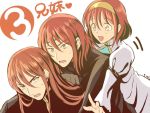  1boy 2girls blush fire_emblem fire_emblem:_mystery_of_the_emblem gloves hug long_hair maria_(fire_emblem) minerva_(fire_emblem) misheil_(fire_emblem) multiple_girls red_eyes redhead short_hair siblings smile 