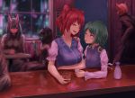  1boy 4girls bar blue_vest blush breasts closed_eyes commentary_request cup drinking_glass drunk flat_chest green_eyes green_hair hair_bobbles hair_ornament horns juliet_sleeves large_breasts long_sleeves looking_at_another multiple_girls no_hat no_headwear onozuka_komachi open_mouth parted_lips puffy_short_sleeves puffy_sleeves redhead roke_(taikodon) sakazuki shiki_eiki short_hair short_sleeves smile touhou two_side_up vest window 