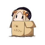  1girl abigail_williams_(fate/grand_order) black_bow blonde_hair bow box cardboard_box chibi dated fate/grand_order fate_(series) hair_bow hatsuzuki_527 in_box in_container long_hair orange_bow simple_background solid_oval_eyes solo twitter_username white_background 