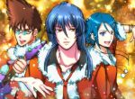  3boys blue_eyes blue_hair bracelet brown_hair glasses guitar hayate_immelmann instrument jewelry macross macross_7 macross_delta macross_frontier multiple_boys necktie nekki_basara reaching_out santa_costume saotome_alto spiky_hair unknown_artist yellow_eyes 