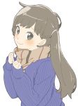  1girl absurdres bangs blue_sweater blush brown_eyes brown_hair brown_scarf closed_mouth donguri_suzume hair_tie highres long_hair long_sleeves looking_at_viewer original ribbed_sweater scarf side_ponytail simple_background smile solo sweater upper_body white_background 