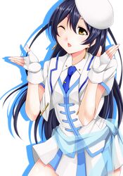  1girl artist_request bangs blown_kiss blue_hair blush commentary_request earrings fingerless_gloves gloves hair_between_eyes hat highres jewelry long_hair looking_at_viewer love_live! love_live!_school_idol_project necktie one_eye_closed open_mouth simple_background skirt smile solo sonoda_umi white_background white_gloves wonderful_rush yellow_eyes 