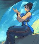  1girl alone alternate_costume arms_up asian bare_shoulders breasts brown_hair capcom chun-li clouds curvy cutesexyrobutts female hair_bun hair_buns hips large_breasts lips looking_at_viewer looking_to_the_side short_hair sitting sky solo spiked_gauntlets street_fighter thick_thighs thighs wide_hips 