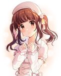  1girl bangs beret blush brown_eyes brown_hair commentary_request earrings eyebrows_visible_through_hair hair_ornament hair_ribbon hat head_tilt highres idolmaster idolmaster_cinderella_girls jewelry long_hair long_sleeves looking_at_viewer ogata_chieri parted_lips pink_ribbon pom_pom_(clothes) puffy_short_sleeves puffy_sleeves ribbon satoimo_chika short_over_long_sleeves short_sleeves sleeves_past_wrists solo twintails white_background white_coat white_hat yellow_ribbon 