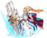  1boy aqua_eyes armor artist_request blonde_hair boots brooch brown_hair cannon chung_seiker clenched_hand comet_chaser_(elsword) elsword full_armor full_body jewelry long_hair looking_at_viewer male_focus metal_boots metal_gloves multicolored_hair official_art ponytail solo standing thigh-highs thigh_boots two-tone_hair very_long_hair white_background 