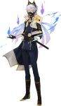  1boy animal animal_ears animal_on_shoulder armor black_gloves earrings fake_animal_ears fox fox_ears gloves hitodama japanese_armor jewelry katana kiwame_(touken_ranbu) kumita_(sumica) magatama_earrings male_focus menpoo military military_uniform multiple_tails nakigitsune nakigitsune&#039;s_fox necktie official_art sheath sheathed sword tail touken_ranbu transparent_background uniform weapon white_hair yellow_eyes 