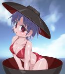  1girl ass bikini bowl bowl_hat breasts cleavage cowboy_shot grey_hair hat in_bowl in_container looking_at_viewer medium_breasts red_bikini red_eyes short_hair solo sukuna_shinmyoumaru swimsuit touhou winn 