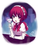  1girl android blush cup dorothy_(va-11_hall-a) drinking_glass glass looking_at_viewer open_mouth pink_eyes puffy_sleeves redhead robot robot_joints short_hair skirt tsunako va-11_hall-a 