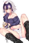  1girl :&gt; ahoge bangs bare_shoulders blush boots bow bow_panties breasts character_doll cleavage collarbone cross-laced_footwear eyebrows_visible_through_hair fate/grand_order fate_(series) grey_hair hand_up jeanne_d&#039;arc_(alter)_(fate) jeanne_d&#039;arc_(fate) jeanne_d&#039;arc_(fate)_(all) large_breasts lying matarou_(genkai_toppa) navel on_back panties ribbed_sweater simple_background sleeves_past_wrists smile solo sweater thighs tsurime underwear white_background white_panties yellow_eyes 