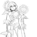  1girl arm_at_side bodypaint breasts collarbone cowboy_shot flower gluteal_fold greyscale hair_between_eyes hand_on_hip highres kazami_yuuka large_breasts lips looking_to_the_side medium_hair monochrome naked_paint navel negataipa nude parted_lips solo standing stomach sunflower touhou 