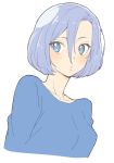  1girl absurdres blue_eyes blue_hair blue_shirt blush closed_mouth cropped_torso donguri_suzume hair_between_eyes highres looking_at_viewer original shirt short_hair simple_background solo upper_body white_background 