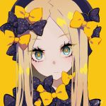 1girl abigail_williams_(fate/grand_order) artist_name bangs black_bow black_hat blonde_hair blue_eyes bow closed_mouth commentary_request eyebrows_visible_through_hair fate/grand_order fate_(series) hair_bow hat head_tilt highres long_hair looking_at_viewer orange_bow parted_bangs polka_dot polka_dot_bow portrait ram_(ramlabo) signature simple_background solo yellow_background 