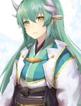  1girl absurdres artist_name bangs black_cola blue_background blue_kimono blush close-up closed_mouth expressionless eyebrows_visible_through_hair green_hair hair_between_eyes heart heart-shaped_pupils highlights highres horns japanese_clothes kimono kiyohime_(fate/grand_order) lips long_hair looking_at_viewer multicolored_hair obi sash sidelocks solo symbol-shaped_pupils upper_body yellow_eyes 