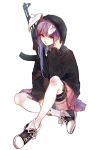  ak-74 animal_ears assault_rifle gun highres hood hoodie image_sample kamigakushi_no_cho_sakura lavender_hair looking_at_viewer pink_skirt rabbit_ears red_eyes reisen_udongein_inaba rifle shoes skirt sneakers thigh-highs twitter_sample weapon white_legwear 