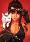  1girl absurdres arm_tattoo armband breasts brigitte_(overwatch) brown_hair casual cat cleavage earphones freckles gloves goggles goggles_on_head highres monori_rogue overwatch ponytail red_background sleeveless smile solo tattoo torn_clothes torn_sleeves upper_body 
