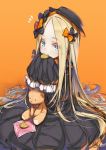  1girl abigail_williams_(fate/grand_order) black_bow black_dress black_hat blonde_hair blue_eyes bow cookie dress eyebrows_visible_through_hair eyes_visible_through_hair fate/grand_order fate_(series) food hair_bow hands_in_sleeves hat hong_(white_spider) long_hair long_sleeves looking_at_viewer orange_background orange_bow signature sitting solo stuffed_animal stuffed_toy teddy_bear 