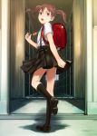  1girl :o backpack bag black_legwear blush brown_hair commentary_request crime_prevention_buzzer kneehighs leg_up loafers looking_at_viewer looking_back open_mouth original randoseru school_uniform shoes short_twintails skirt sody solo standing standing_on_one_leg twintails violet_eyes 