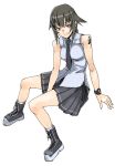  1girl black_hair black_skirt breasts helevu hetza_(hellshock) long_hair medium_breasts necktie original pleated_skirt protected_link red_eyes shoes shoulder_tattoo silver_hair sitting sketch skirt sleeveless sneakers solo tattoo watch watch 