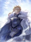  1girl armor armored_dress artoria_pendragon_(all) artoria_pendragon_(lancer) backlighting bangs blonde_hair blue_dress blue_sky braid breastplate closed_mouth clouds commentary cross crown day dress expressionless eyebrows_visible_through_hair fate/grand_order fate_(series) floating_hair french_braid fur-trimmed_cloak fur_trim green_eyes hair_between_eyes highres kachi light_particles long_sleeves looking_away short_hair_with_long_locks sidelocks sky solo standing vambraces white_cloak wind 
