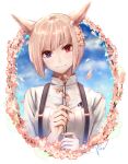  1girl animal_ears blonde_hair cat_ears final_fantasy final_fantasy_xiv flower head_tilt heterochromia highres looking_at_viewer miqo&#039;te mole mole_under_mouth petals potion_lilac(popopotionu) short_hair smile solo suspenders wind 