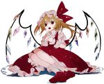  1girl blonde_hair bow commentary_request dress fangs flandre_scarlet hat hat_bow highres ikurauni looking_at_viewer mob_cap open_mouth petticoat puffy_short_sleeves puffy_sleeves red_bow red_dress red_eyes red_footwear short_sleeves side_ponytail sitting smile socks solo touhou white_legwear wings wrist_cuffs 